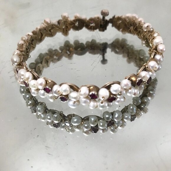 Austro Hungarian AAA Ruby Pearl Gilded Sterling Silver Bracelet Rare Antique 925 - Picture 7 of 10